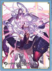 granblue fantasy card sleeves Fantasy: Clarisse black armor wielding a flaming red sword amid swirling purple energy and a smoky brown backdrop with a pale blue decorative border. [Sleeves](USED) Chara Sleeve Collection -