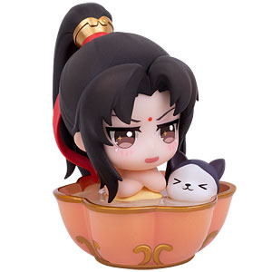 a cute, chibi-style figure of jin ling taking a bath in an ornate-looking tub. he bathes with his arms crossed and an embarrassed expression, with (presumably) xian/fairy bathing with him